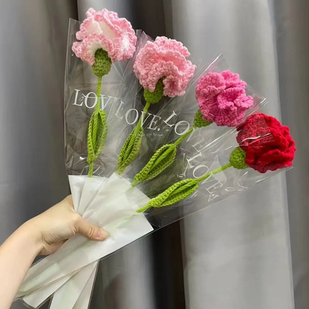 Ramo de Flores de Clavel Tejidas a Mano, Flores en Forma de Corazón, Ramo Hecho a Mano, Adorno de Mesa, Flores de Ganchillo, Decoración del Hogar