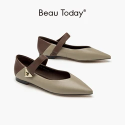 Beautody Women Flats Genuine Calfskin Leather Metal Buckle Decoration Shallow Pointed Toe Elegant Ladies Shoes Handmade 18245