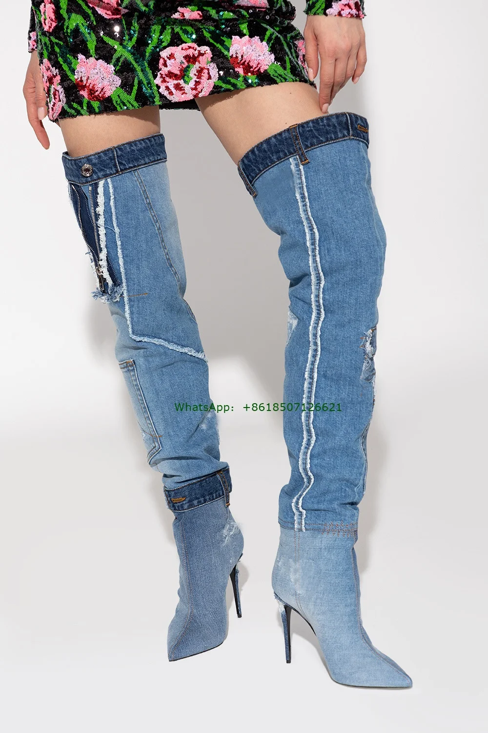 

Fashion Ultra High Heel Pointed Toe Denim Knee High Boots Stiletto Sexy Long Boots for Women