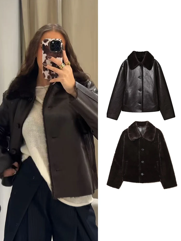 TFMLN Frauen Reversible Leder Jacken Mode Winter 2025, Kunstpelz PU Doppelseitiger Kurzmantel Weibliche Neue Warme Outer