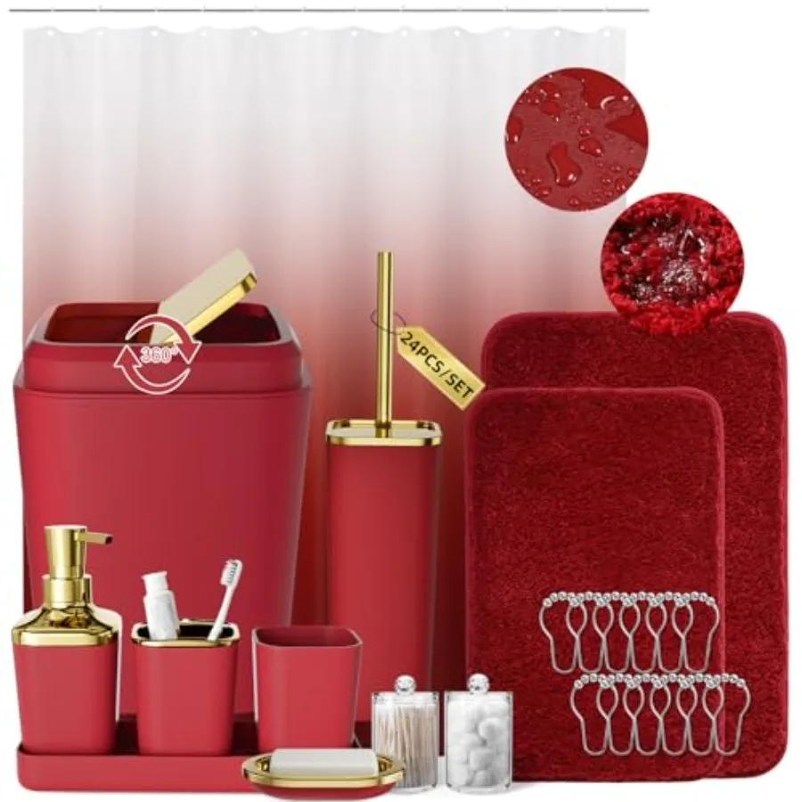 

Burgundy Bathroom Accessories Set with Shower Curtain and Rugs, Dark Red Bathroom Accessories with Trash Can, Toothbrush Holder