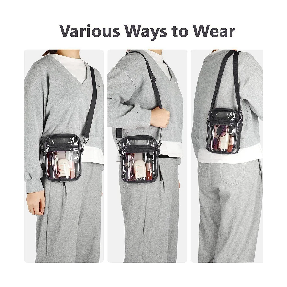 Estádio aprovado saco claro com alça de ombro ajustável, bolsa clara para esportes, preto, ao ar livre