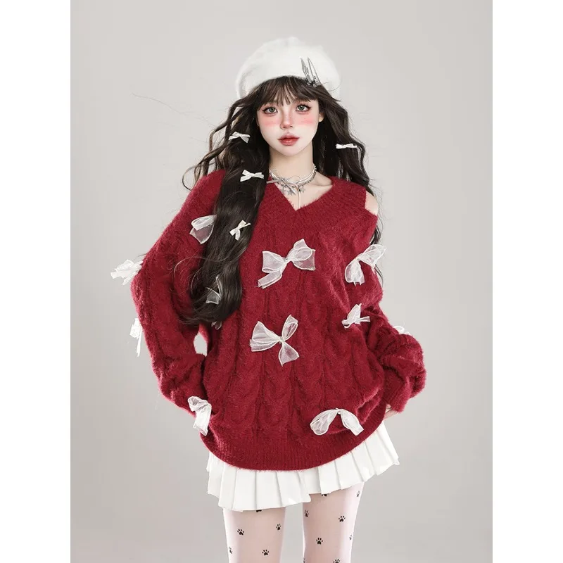 

Christmas Red Tops Knitwears Designer Aesthetic Y2k Harajuku American Vintage Sweater Woman Korean Fashion Pullover 2000s Chic
