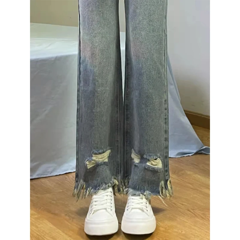 

Retro Frayed Hem Denim Jeans Women's Spring Summer Hong Kong Style plus Size Wide Leg Long Pants High Waist Straight Cut