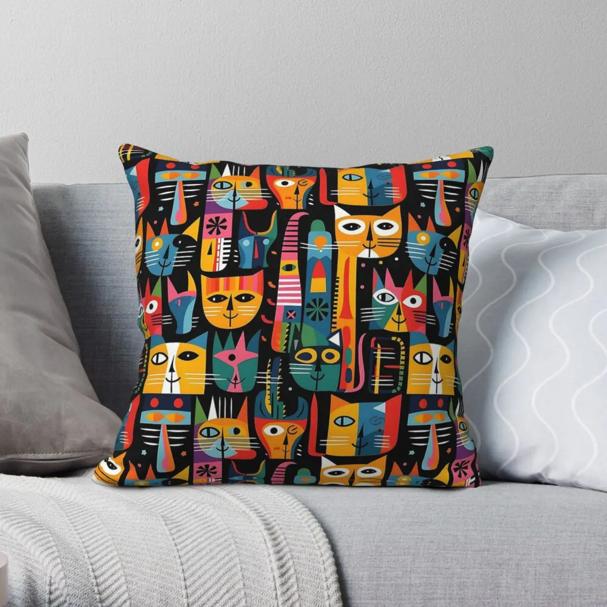 Colorful Picasso Cats Square Pillowcase Polyester Linen Velvet Pattern Zip Decor Bed Cushion Cover 45x45