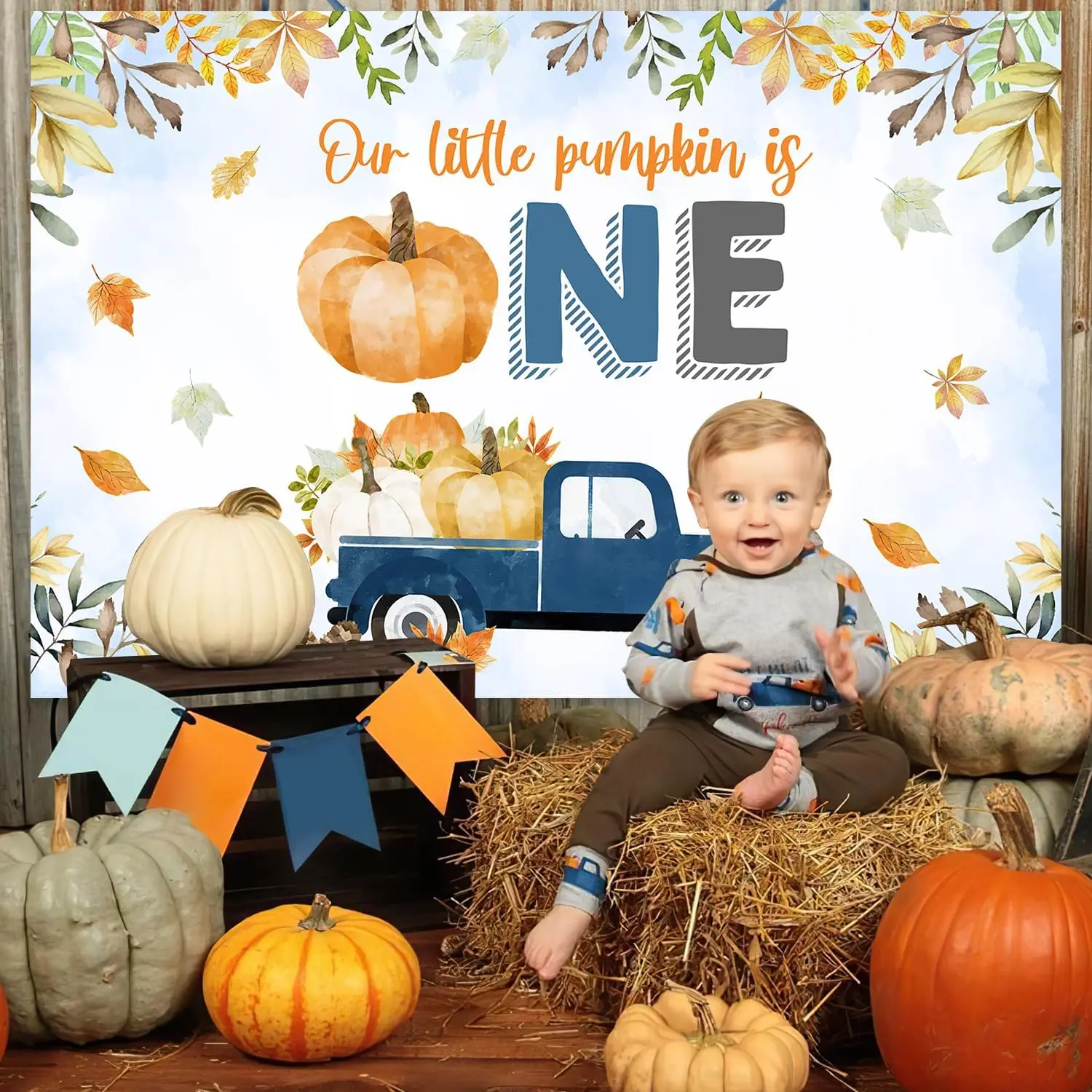 Cheereveal 5x3ft Pumpkin Truck 1st Birthday Backdrop Blue Our Little Pumpkin Is One Photography Props Autumn Fall Party Supplies