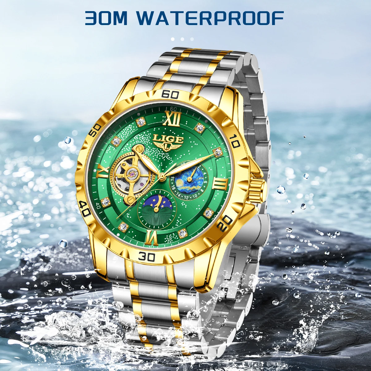 Reloj LIGE ساعات رجالية مضيئة الميكانيكية موضة الفولاذ المقاوم للصدأ مقاوم للماء relogios masculino ساعة فاخرة رجل ساعة + صندوق