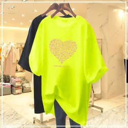 Fashion Casual New 2024 Solid Color Short Sleeve Tops Summer O-neck Loose Comfortable Love Printing All-match Women's Clothing