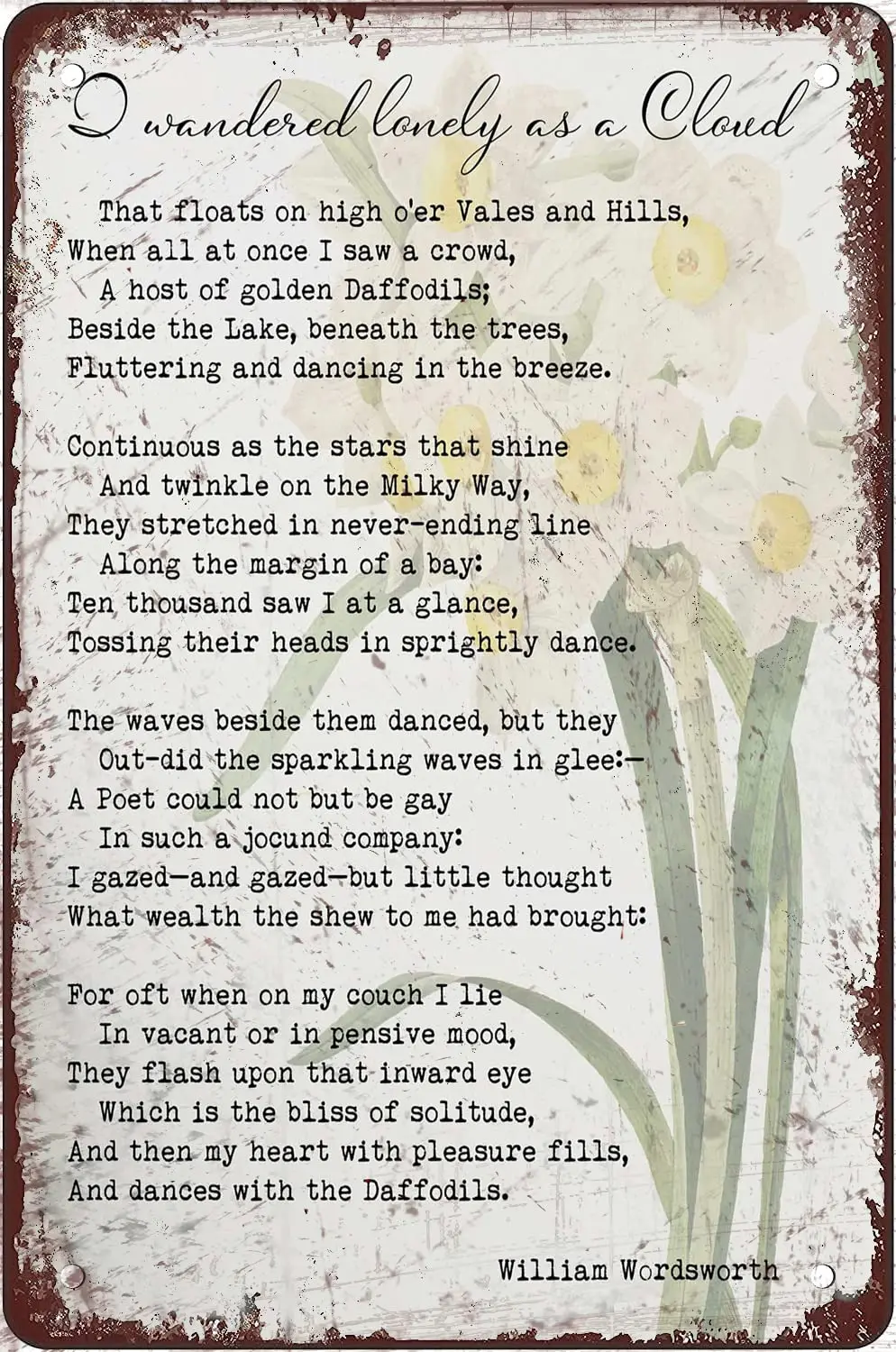 Daffodils Poem I Wandered Lonely As A Cloud Tin Sign Easter Poster Gift for Women Men Metal Signs For Coffee Shop Decor Kitchen 