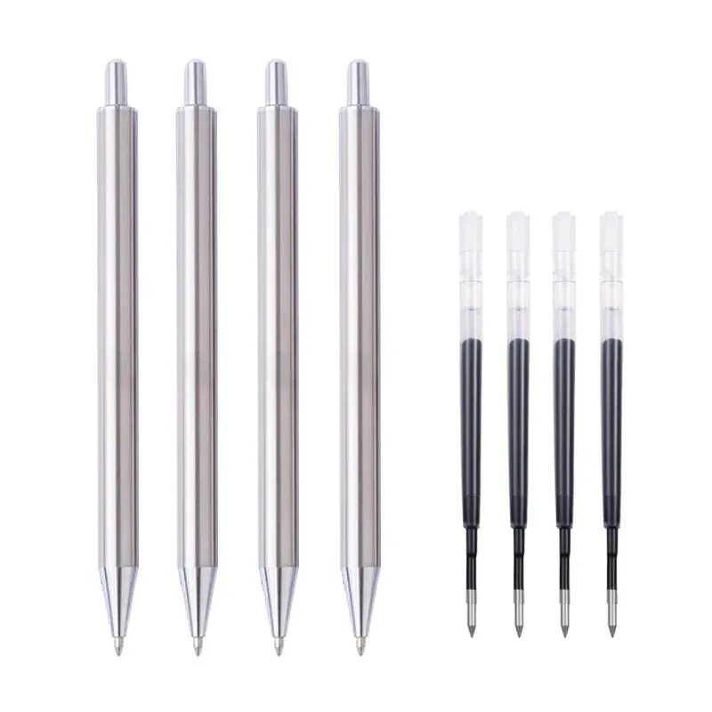 4pcs/set 0.5mm Metal Automatic Gel Pen Black Ink Stainless Steel Signing Pen Office School Writing Stationery Gift