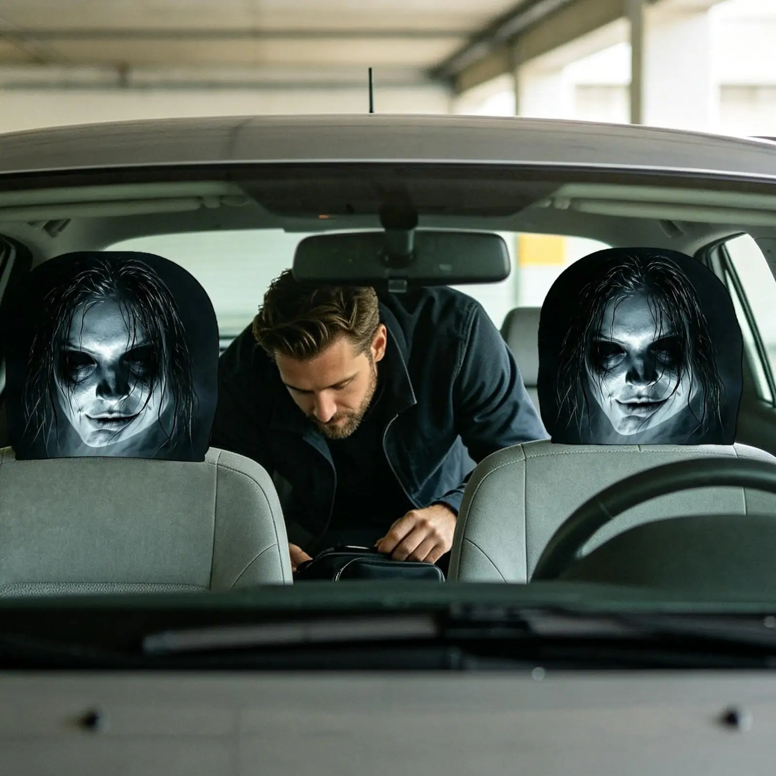 Scary Headrest Covers For Cars 2 Pieces Spooky Scary Halloween Ghost Face Seasonal Headrest Car Seat Cover For Truck SUV RV