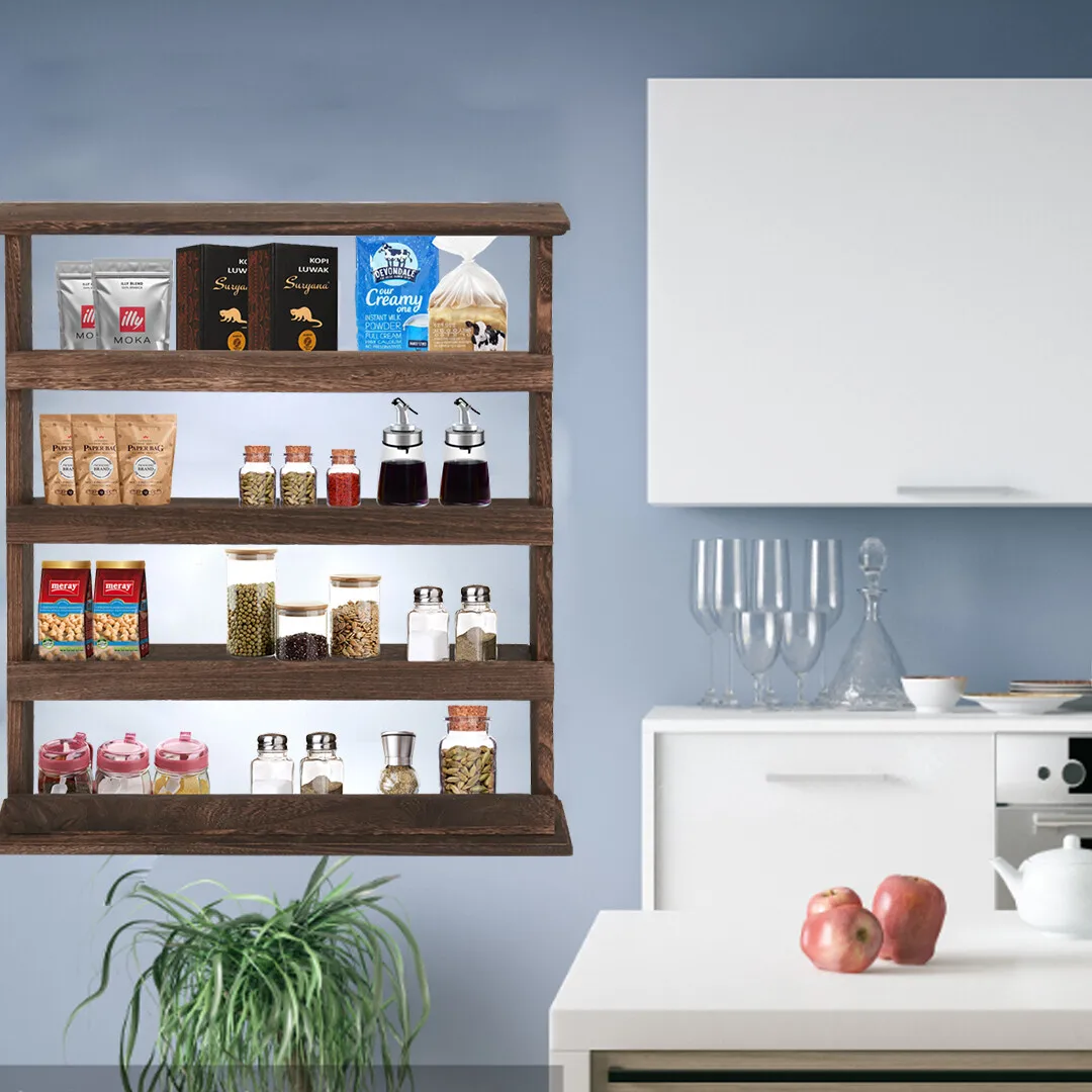 

Rustic Torched Wood Wall-Mounted 4-Tier Spice Rack Hanging Spice Shelf Storage