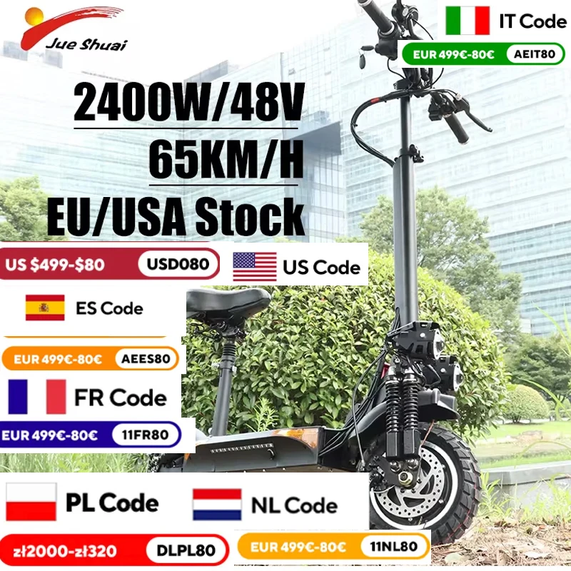 65km/h Electric Scooters Adults 48V 2400W Kickscooter Dual Motor with Seat Folding e scooter Disc Brake Skate board Escooter