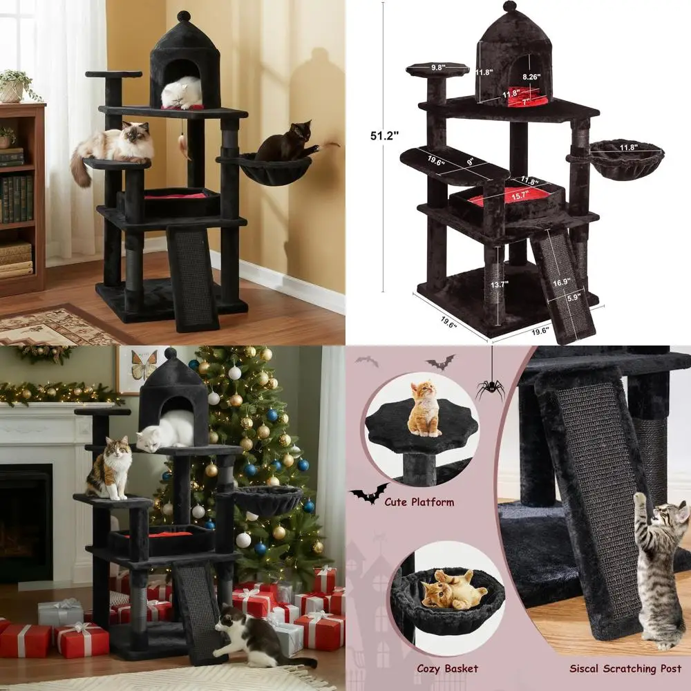 

Кошачья башня в готическом стиле 51, с гробной и когтеточкой для игр в помещении, подходит для взрослых кошек и котят