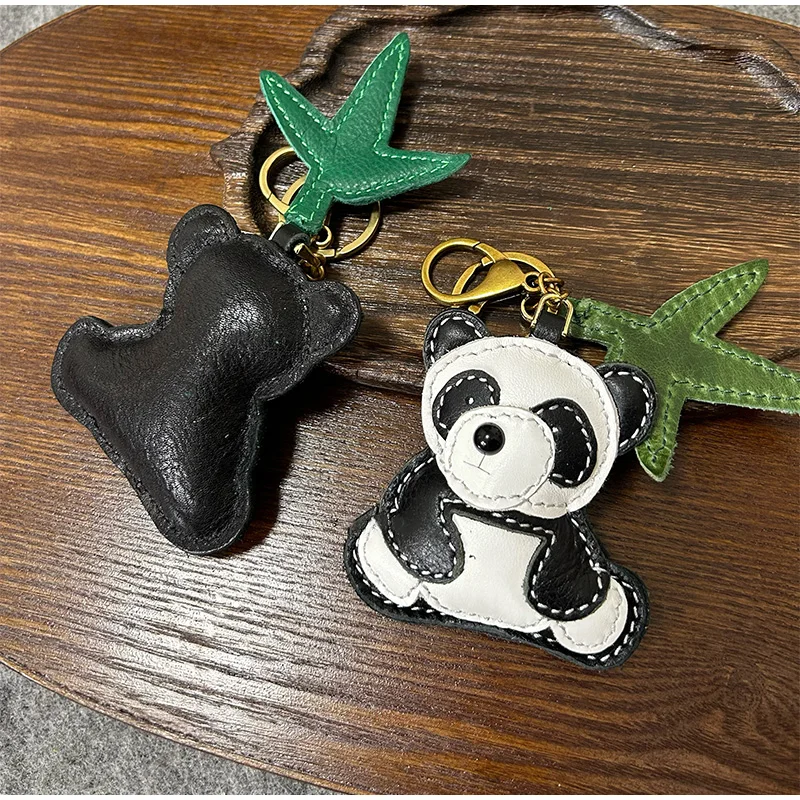 

Handmade Genuine Leather Cute Panda Bag Keychain Bag Pendant Car Key Ring For Women Men Charm Diy Accessories Couple Lover Gift