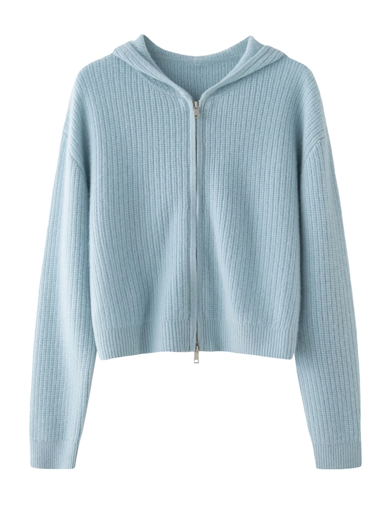 

CHICUU Autumn Winter Women Hoodie Zipper Cardigan Wide Leg Pants Suit 100% Cashmere Knitwear Outfit Sweater Pant Set Luxury