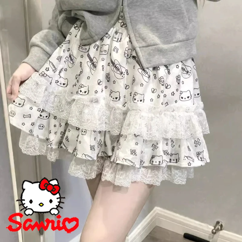 

Kawaii Sanrio Hello Kitty женская короткая юбка с мультяшным принтом, сексуальная кружевная полуюбка с принтом для девочек Y2K, модная милая пышная юбка, подарки
