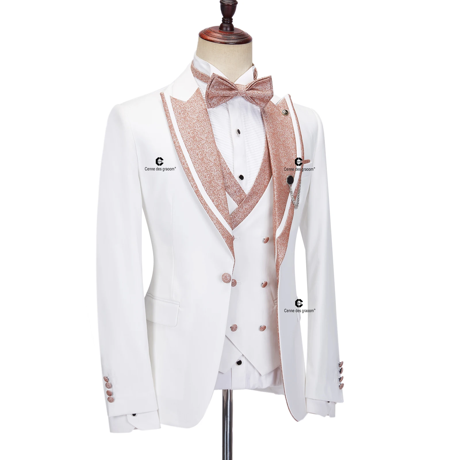 Cenne Des Graoom 2023 Elegant Suits for Men White Tuxedo Jacket Vest Pants with Bowtie 4pcs Set Wedding Dress Dinner Party