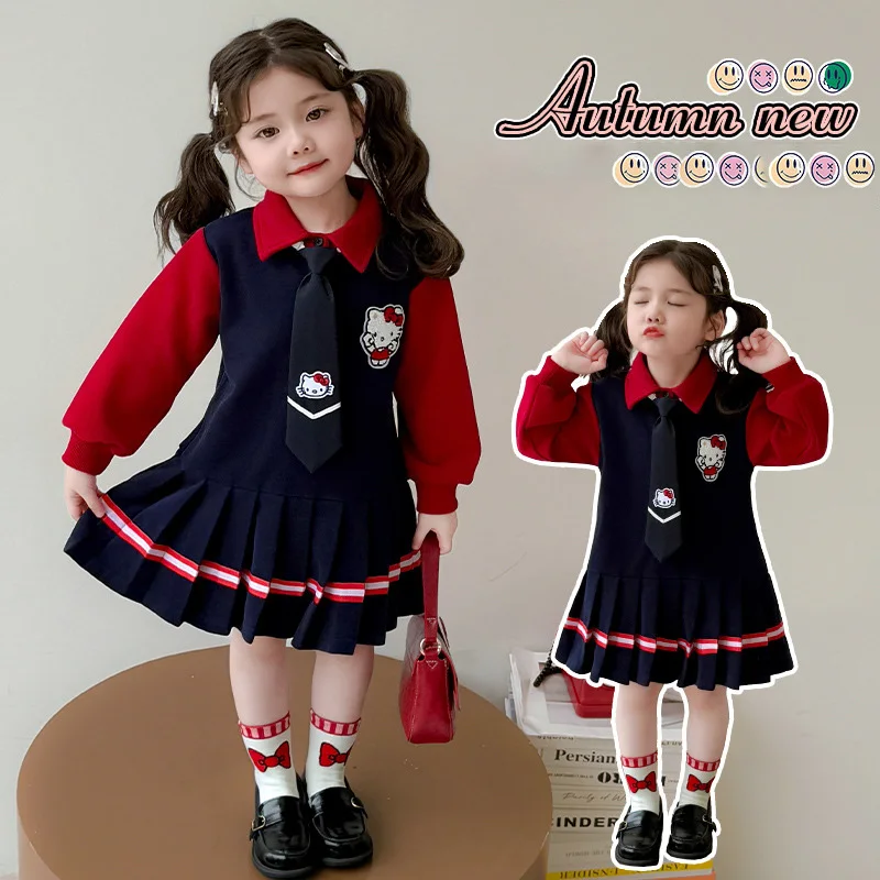 

Платье в студенческом стиле для девочек в стиле аниме «Hello Kitty», детская плиссированная юбка Jk, юбка принцессы, школьная форма, платье с отложным воротником