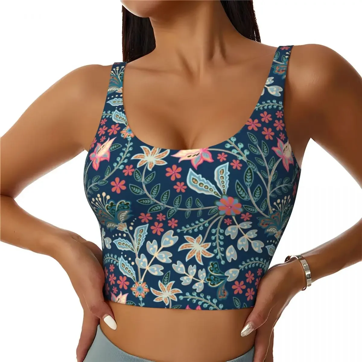 여성용 멕시코풍 여름 플로럴 블루 스포츠 브라 꽃무늬 하이 임팩트 짐 운동 러닝 크롭 탱크탑