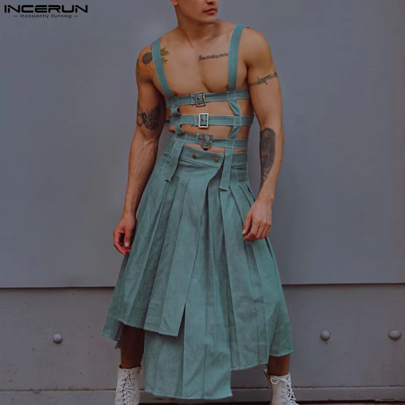 2023 Men Irregular Skirts Jumpsuits Solid Color Hollow Out Straps Men Pants Streetwear Personality Male Skirts S-5XL INCERUN