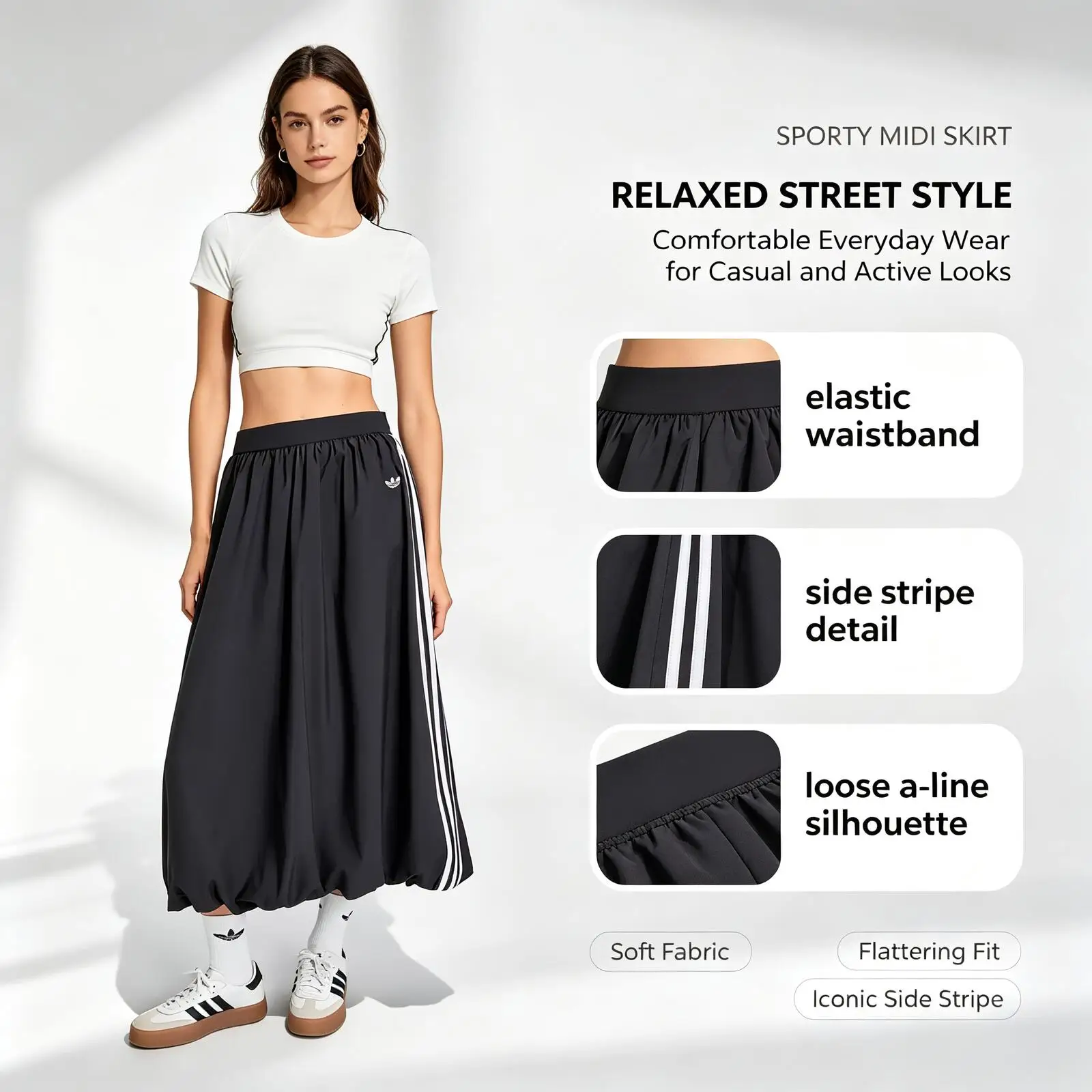 New Adidas Originals Sporty Midi Skirt Loose Fit Casual Streetwear Skirt with Side Stripes Comfortable Elastic Waist Skirt 2