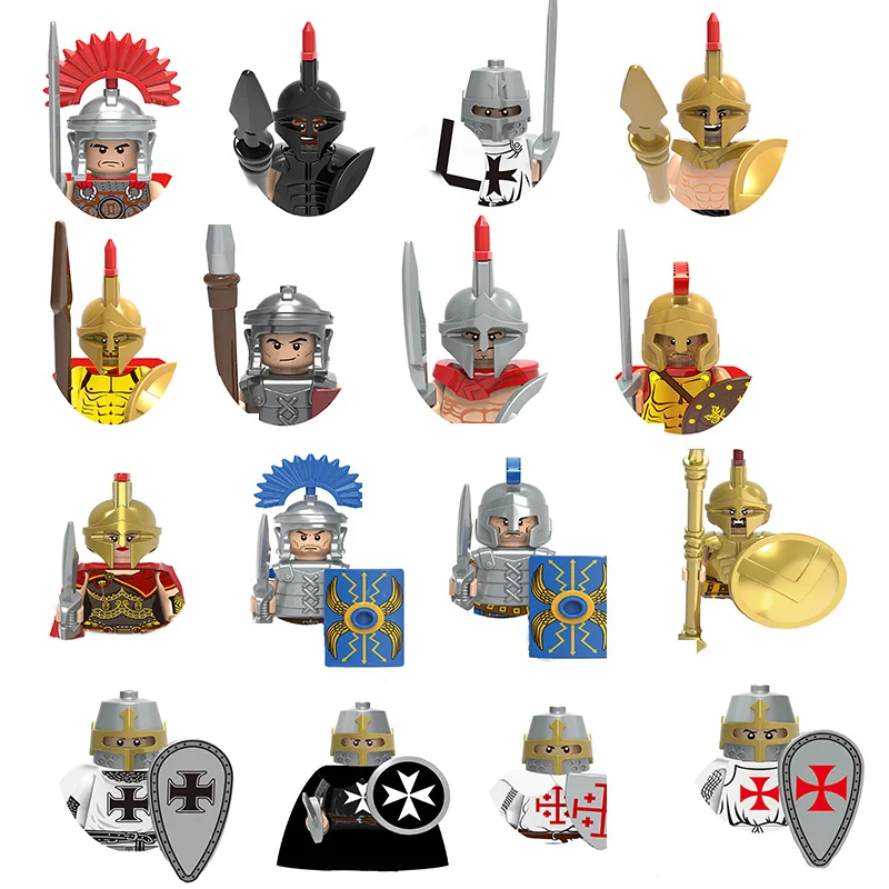 Medieval Military Figures Building Blocks Roman Soldiers Cavalry Spartan Soldiers Equipped  Weapons Armor  Helmet Assembly Toys