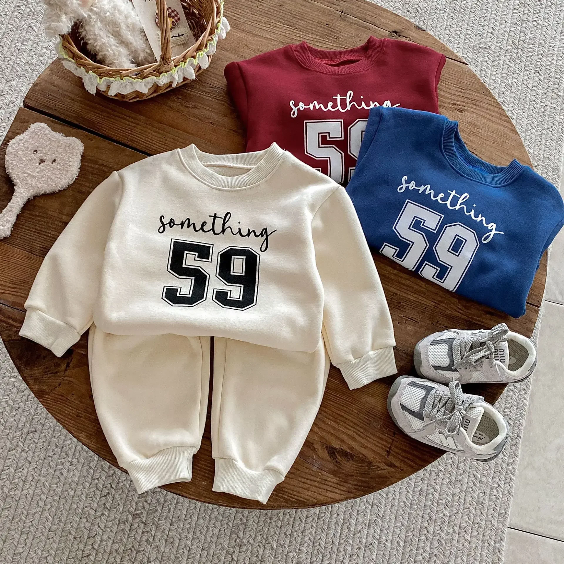

Korean Style Kids Winter Tracksuit Set Fleece Lined Thickened Letter Number 59 Print Toddler Boys Girls Two-Piece Outfit