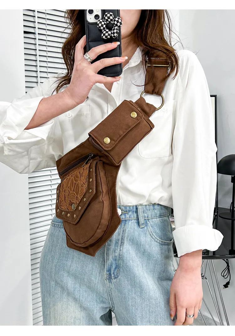 Женская поясная сумка в стиле средневековый панк в стиле стимпанк из искусственной кожи в мотоциклетном стиле, поясная сумка в стиле ретро для спорта на открытом воздухе, регулируемая поясная сумка