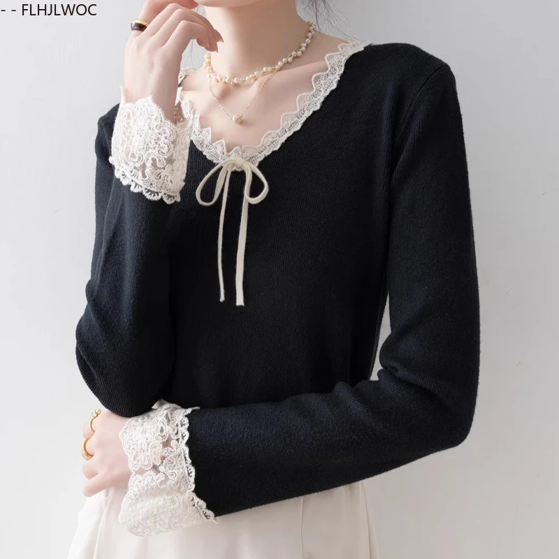 ربطة القوس فيونكة القمم لاعبا البلوفرات السنة الجديدة أزياء المرأة لطيف الحلو اليابان نمط الفتيات المرقعة الدانتيل الأبيض محبوك البلوزات #5