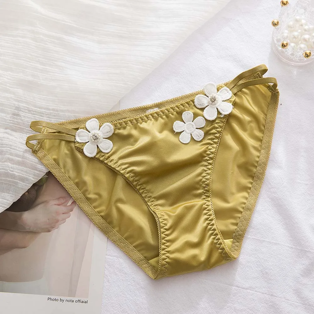 Women\'s Panties Briefs Satin Low-waist Panties Flowers Sexy Cute Japanese Silky Underwear