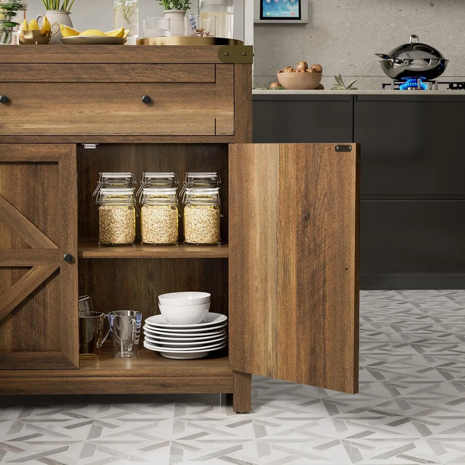 Aparador Buffet Cabinet com gaveta, prateleira ajustável, porta de celeiro, Coffee Bar, Farmhouse Kitchen Storage