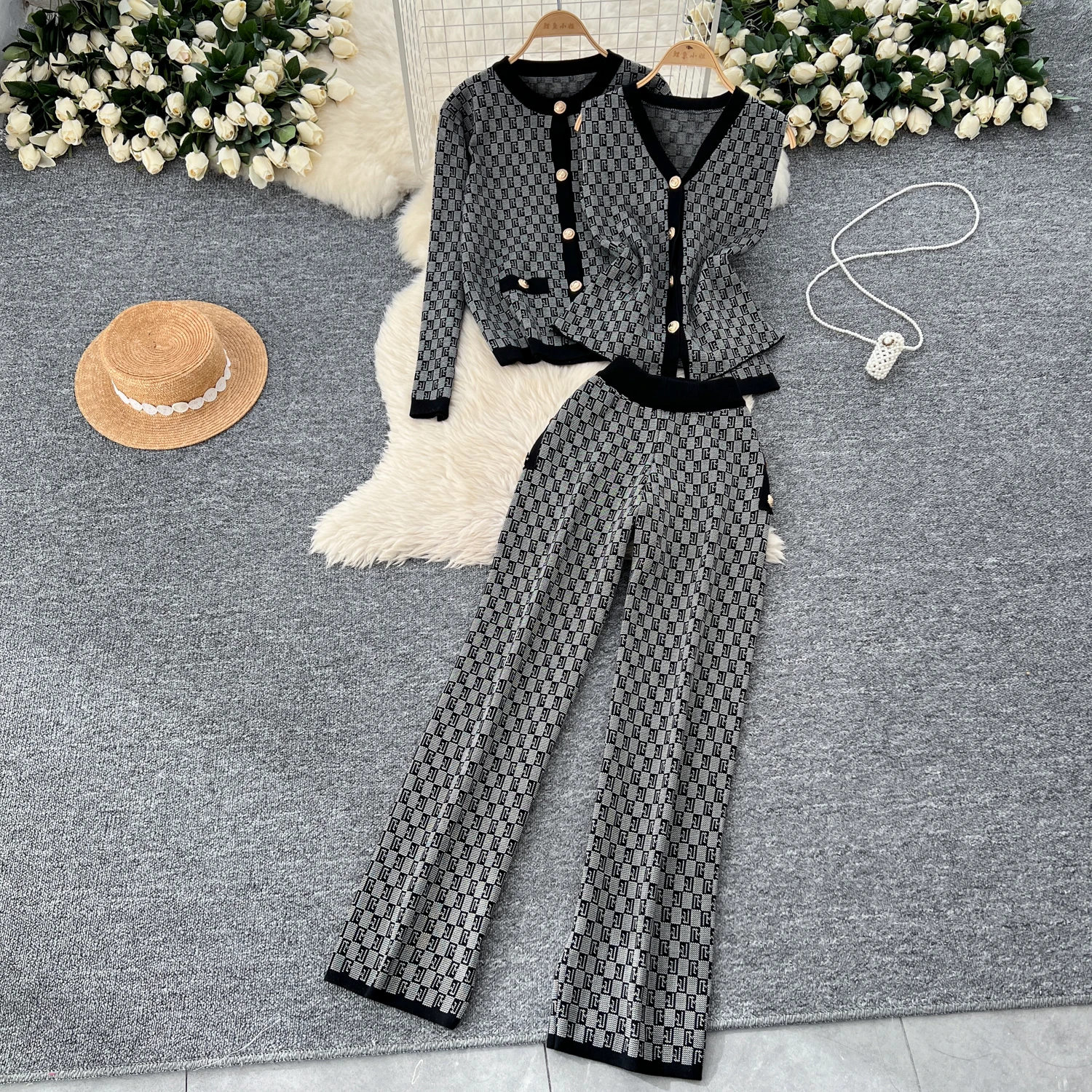 2024 Autumn Elegant Slim Three Pieces Sets Women Cardigan Jacket V-Neck Sweater High Waist Wide Leg Pants Knitted Sets J519