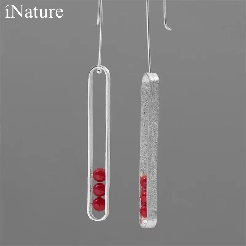 

INATURE One after Another 925 Sterling Silver Red Coral Beads Drop Earrings for Women Wedding Party Jewelry