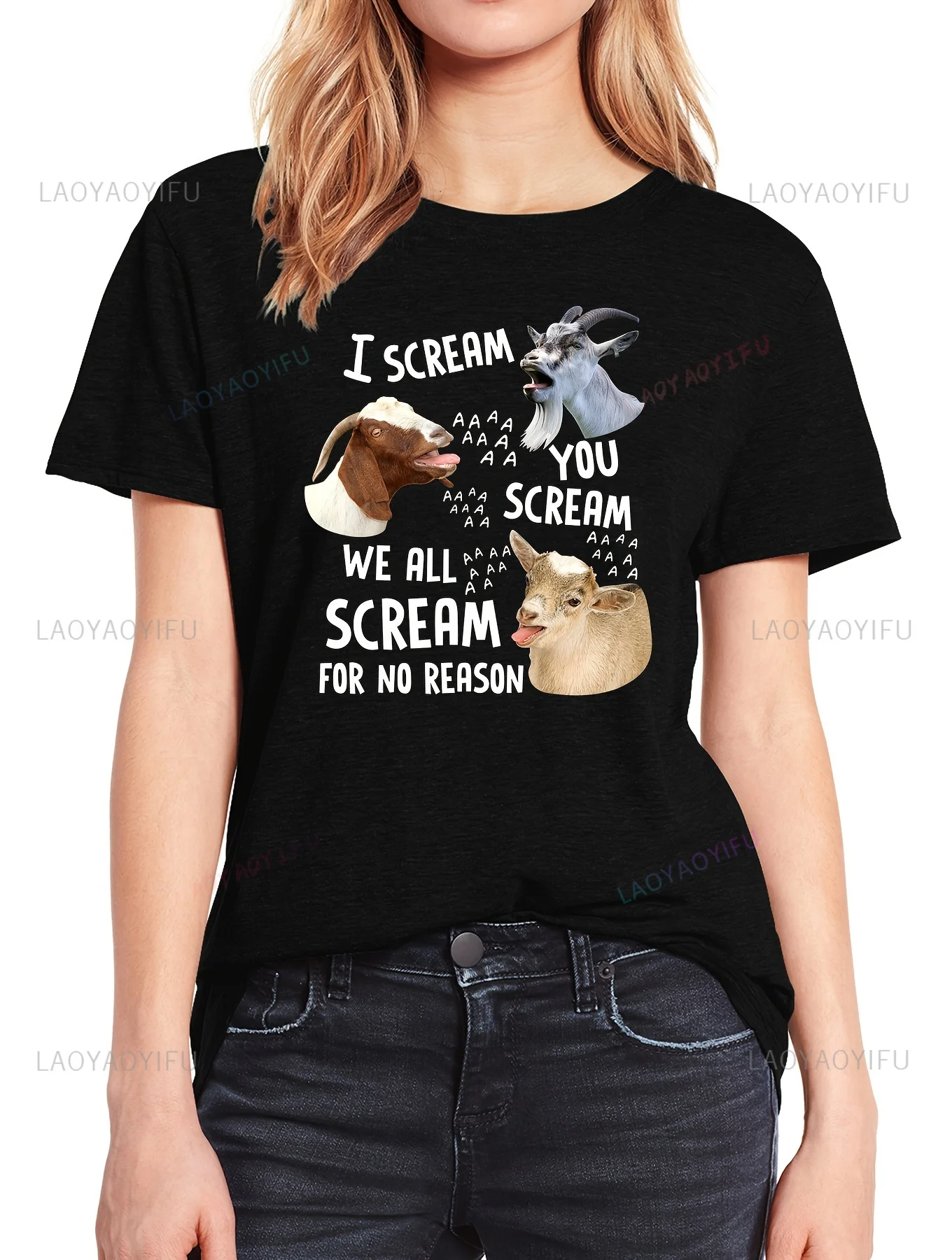 I Scream A A A You Scream We All Scream for No Reason Letter Animal Graphic T Shirts Cotton Short Sleeve T-shirt Women Clothing