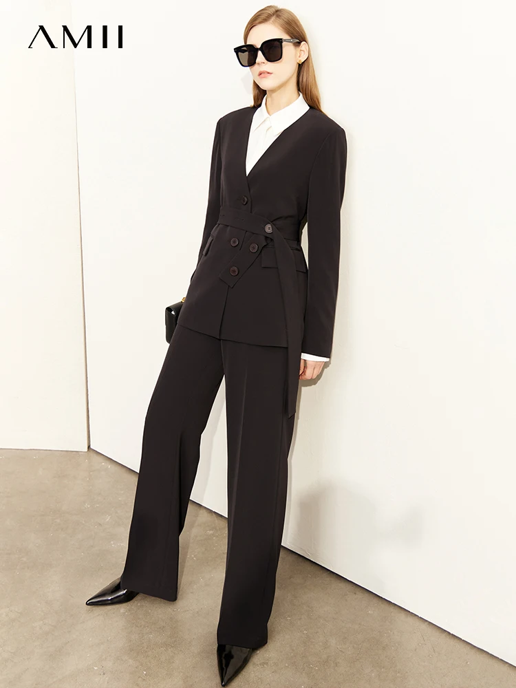 AMII Minimalism 2 Piece Sets Women Outfits 2023 Spring New Office Lady Commuter Casual Blazer+ All-match Wide-Leg Pants 12240900