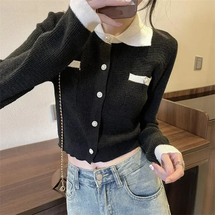 Fashion Long Sleeve Casual Slim Short Tops Sweet Cardigans Sweater Spring Autumn Women Sweaters Color Blocking Knitted Cardigan