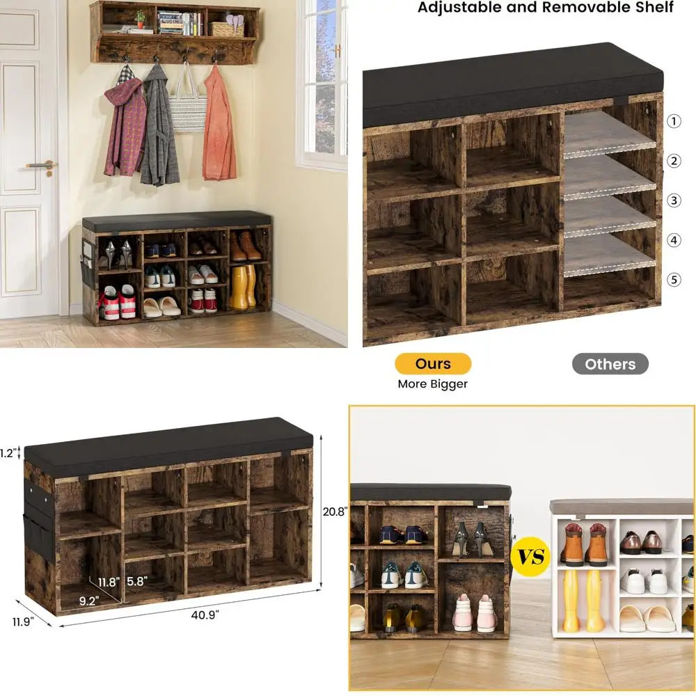 

Adjustable 3-Tier Shoe Storage Bench with Cushion, Organizer Cabinet for Entryway, Shoe Rack with Comfortable Seating