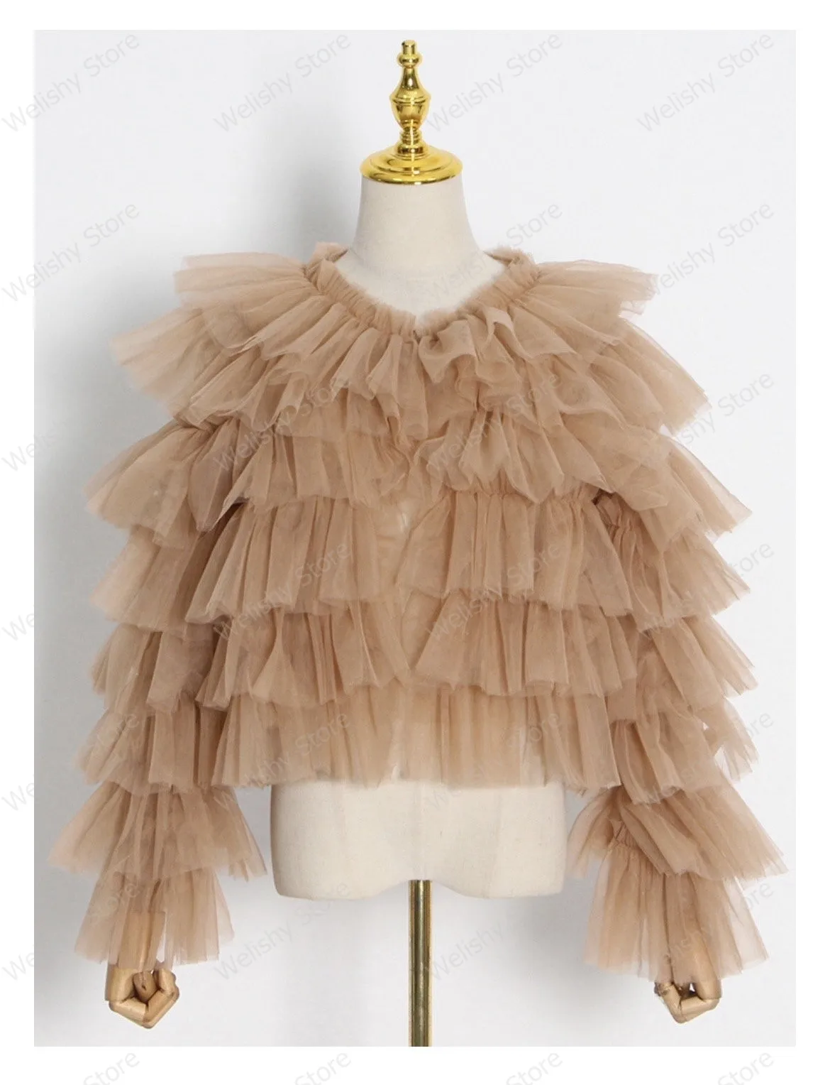 Imagem -04 - Jaqueta de Tule com Babados Feminina Imagem Real Camadas Extra Inchada Blusa Tutu Manga Longa Babados Malha Exuberante Praia Tops de Verão