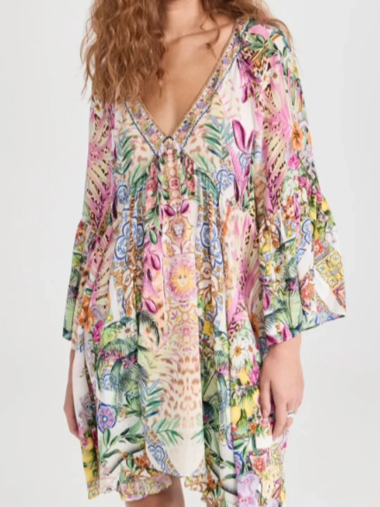 

Women Floral Printed V-Neck Long Sleeve Vintage 100% Silk Mini Dress