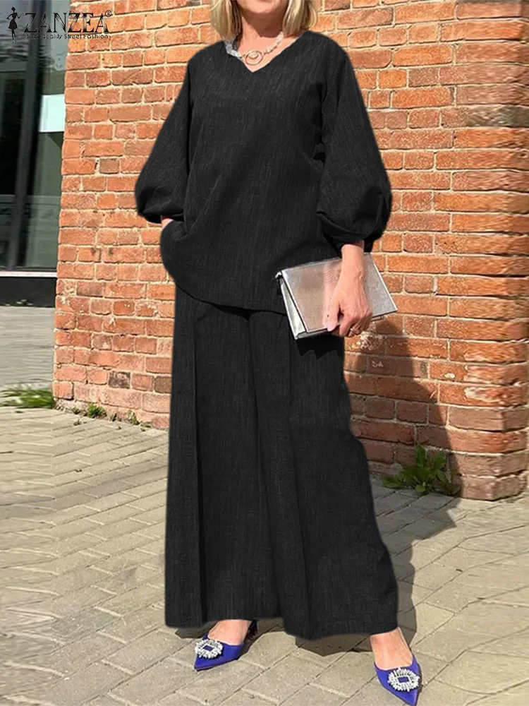 Zestawy spodni ZANZEA 2023 casualowe stroje topy i spodnie damskie moda uliczna bufiaste rękawy bluzka elastyczna w talii luźne dresy