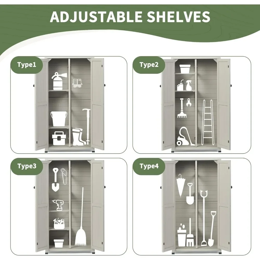 Buitenopslagschuur met vloer en verstelbare planken, houten tuingereedschapskast weerbestendig, 71 inch verticale terrasorganizer