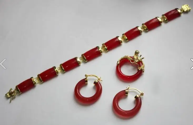 

Natural Light Green Red Jade Dragon Pendant Necklace Earrings Bracelet Set