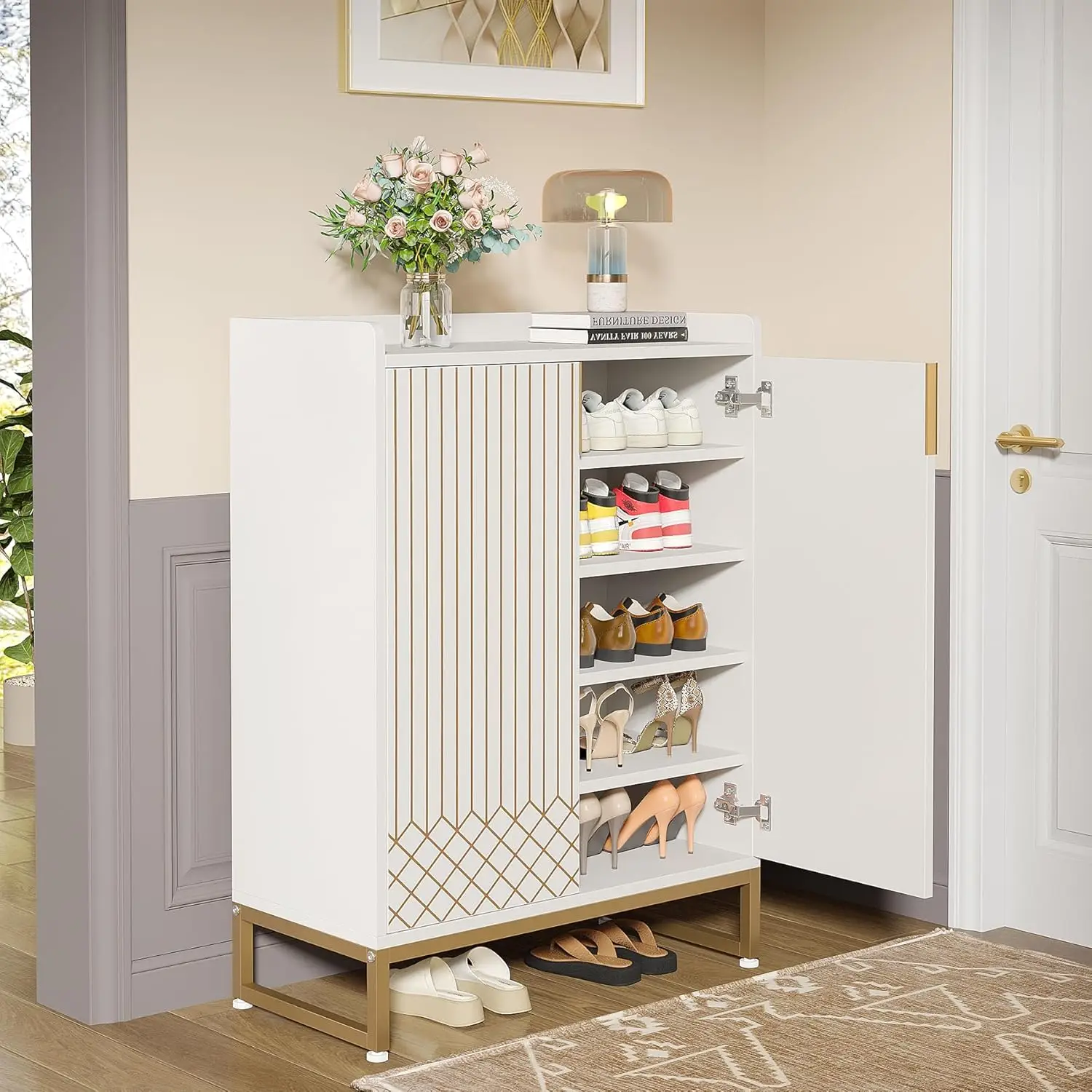 Little Tree Modern White Shoe Cabinet With Doors For Up To 25 Pairs, 5-Tier Wood Shoes Rack Organizer For Entryway Bedroom