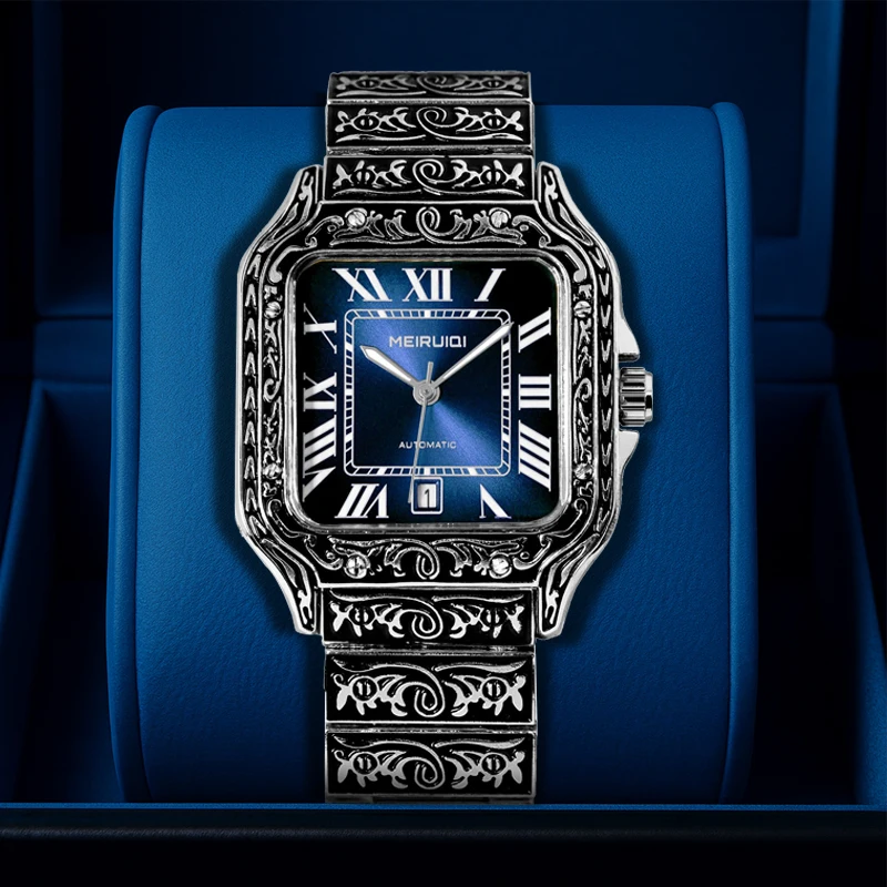 

Мужские черно-синие механические часы в ретро-стиле с календарем, полностью автоматические, с резной текстурой, премиум-класса.