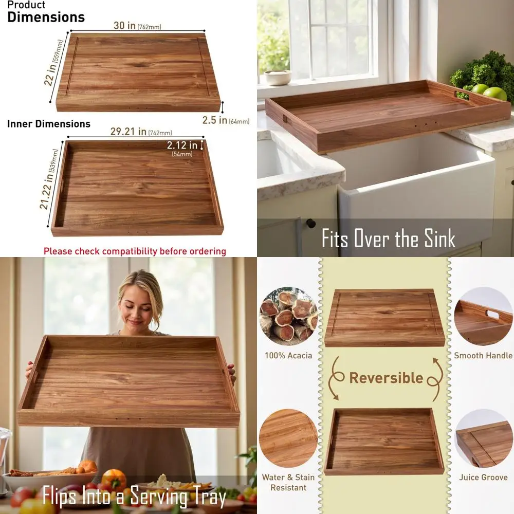 

Natural Acacia Wood Stove Cover & Noodle Board Set with Handles, Cutting Board, and Serving Tray for Gas/Electric Burners, 29.21