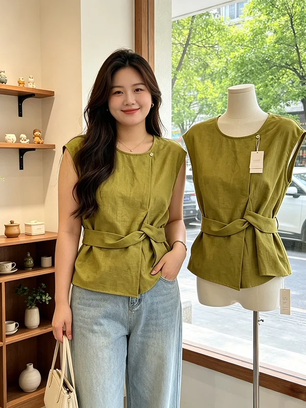 

plus Size Women's Fashion High Waist Tie Shirt Shoulder Length Summer New Style Versatile Slimming Top Korean Style Commute Wind
