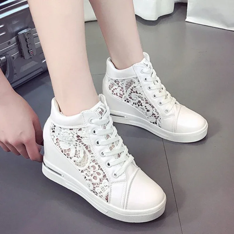 

Women Wedge Platform Sneakers Zapatos Para Mujeres Leather High Heels Lace Up Shoes Pointed Toe Height Increasing Creepers White