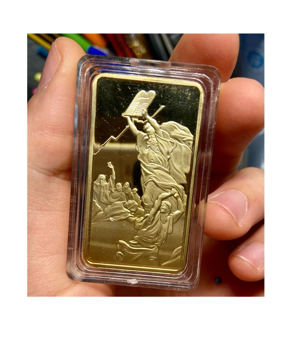 Moses on the Mountain Sinai Gold Ingot Bullion Bar with Ten Commandments Jewish TANAKH