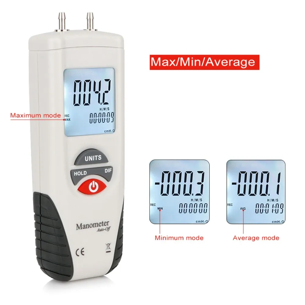 RZ Digital Manometer Air Pressure Gauge Meter Air Pressure Differential Gauge Data Hold Medidor Presion +/-13.79Kpa HT1890 LCD